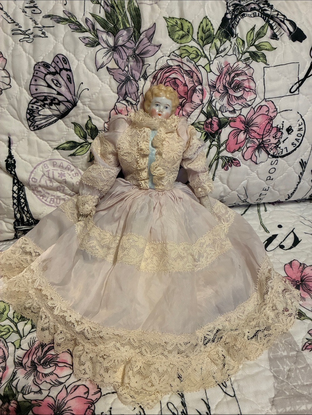 Victorian Vintage Porcelain Doll in Lace Dress - Ivory with Blue Ribbon on Bust